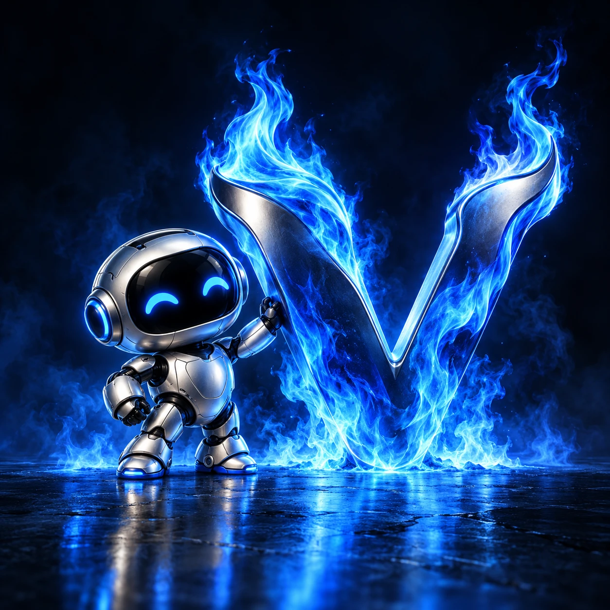 A friendly silver VYRON robot beside a glowing blue flame V
